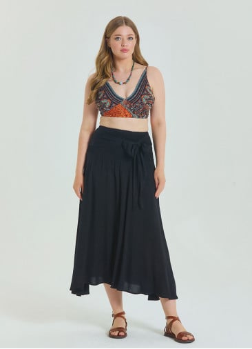 Black Plus Size Skirt with Waist Tie and Gipe Detail 4595